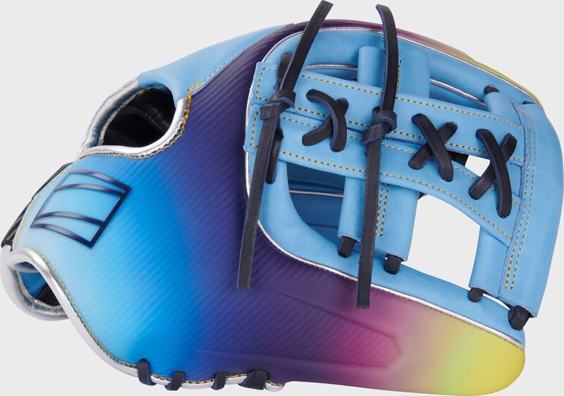 Thumb of a Columbia blue Rawlings Francisco Lindor REV1X 11.75" infield glove with a Columbia blue split laced Single Post Web loading=