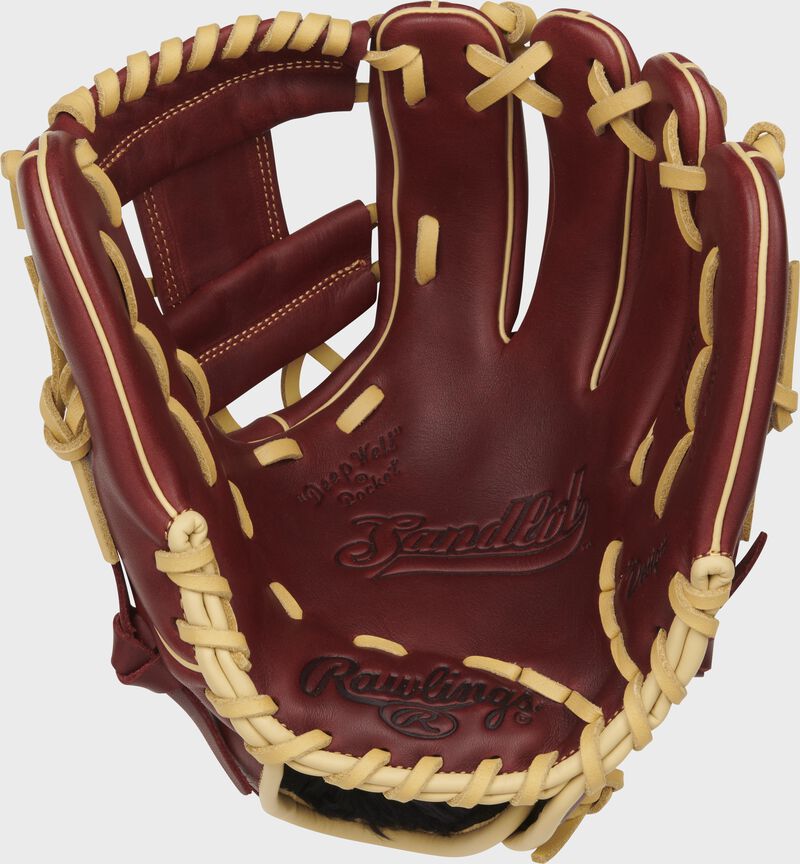 Palm of a sherry Rawlings Sandlot Series infield glove with camel laces - SKU: S1150IS loading=