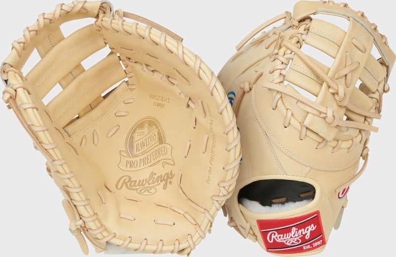 Two images showing the palm & back of a camel Bryce Harper Pro Preferred 13-Inch 1st Base Mitt