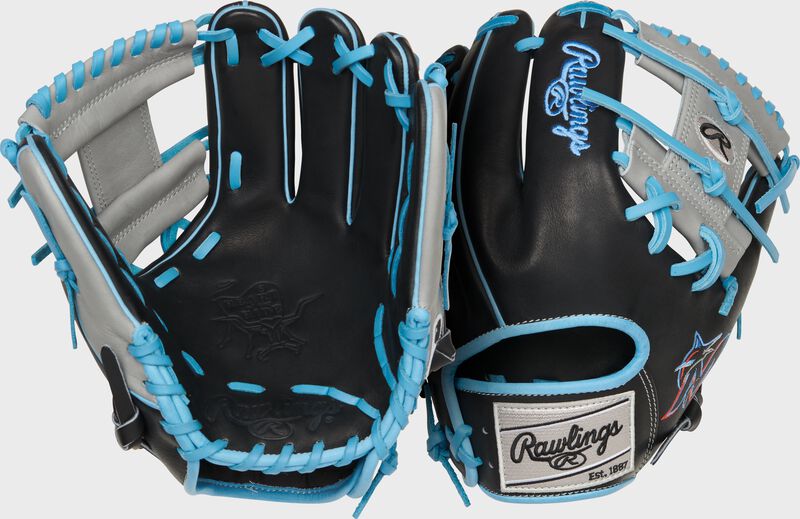 Two images showing the palm & back of a black/gray Miami Marlins Heart of the Hide glove