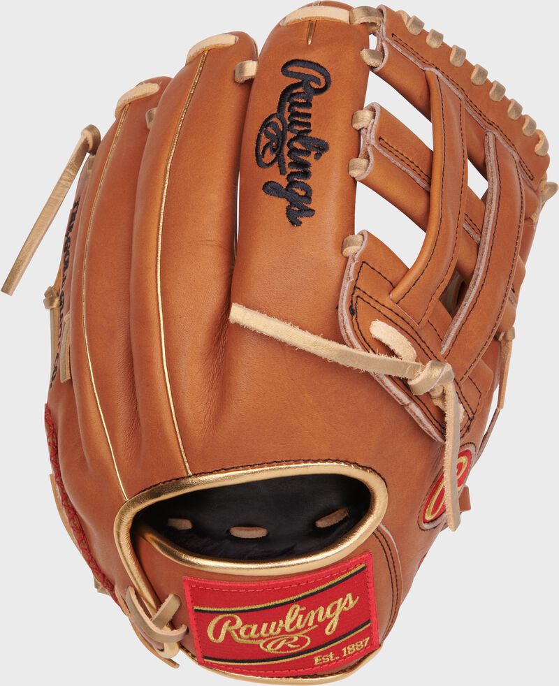 Back view of the tan Heart of the Hide Sierra Romero glove with a red Rawlings patch - SKU: PROSR32