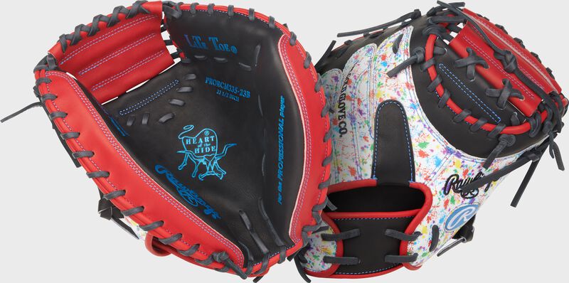Two images showing the palm of a black/splatter Heart of the Hide 33.5-Inch Splatter Catcher's Mitt