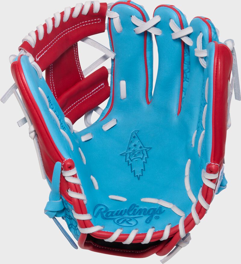 Columbia blue palm of a Rawlings x Bettinardi Heart of the Hide 11.75" infield glove with white laces