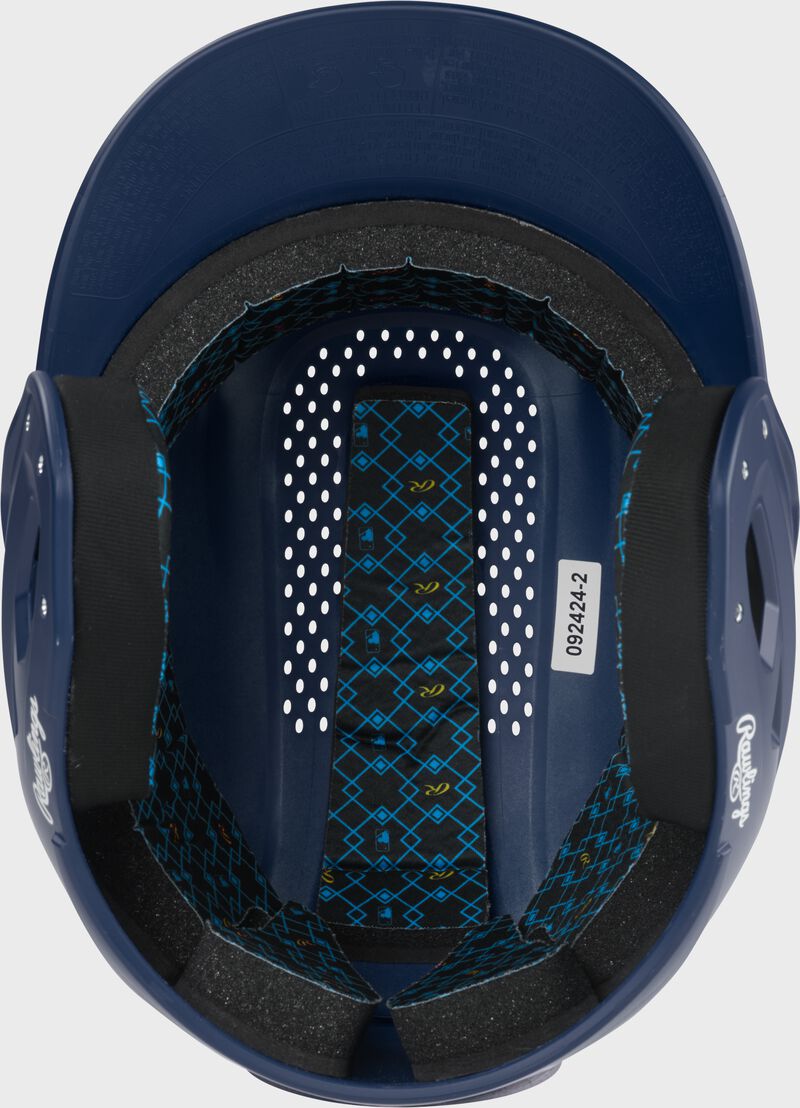 Inside padding of a navy Rawlings RX2 batting helmet