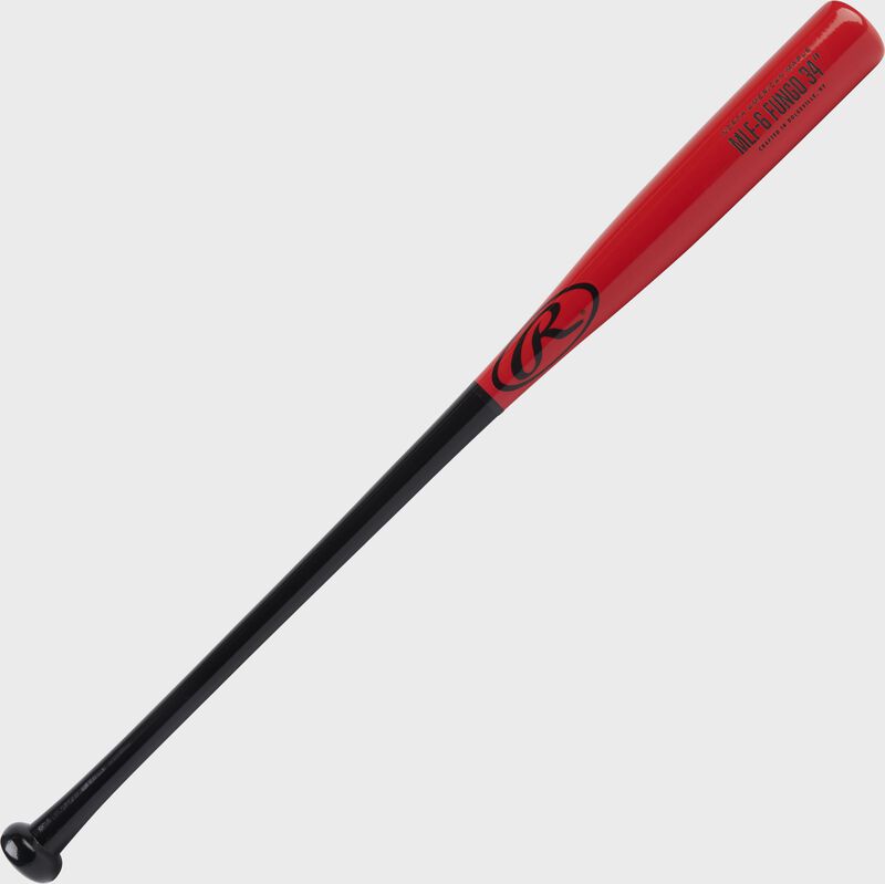 Angled view of a 34" Rawlings Maple fungo bat with a black handle and red barrel - SKU: MLF5-B-RD-34 loading=