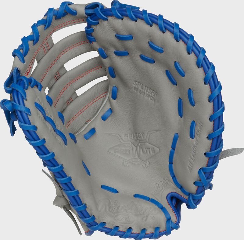 Gray palm of a Rawlings Freddie Freeman Select Pro Lite First Base Mitt with royal laces loading=