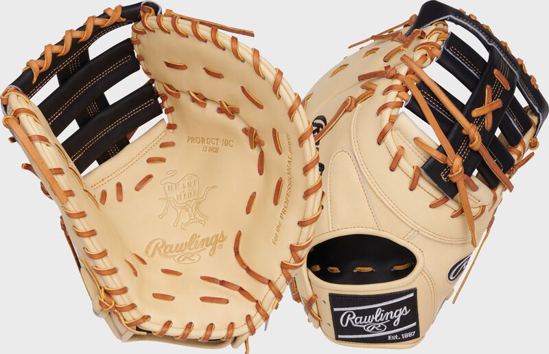 Two images showing the palm & back of a camel Heart of the Hide 13-Inch first base mitt