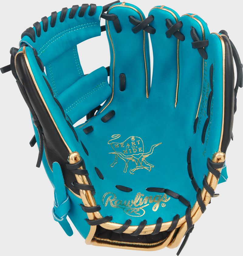Teal palm of a Rawlings Exclusive Heart of the Hide Teal 11.5-inch Wing Tip Glove with black laces