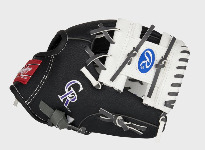 Thumb of a black/white Colorado Rockies 10-Inch team logo glove with a white I-web and Rockies logo on the thumb - SKU: 22000025111 loading=