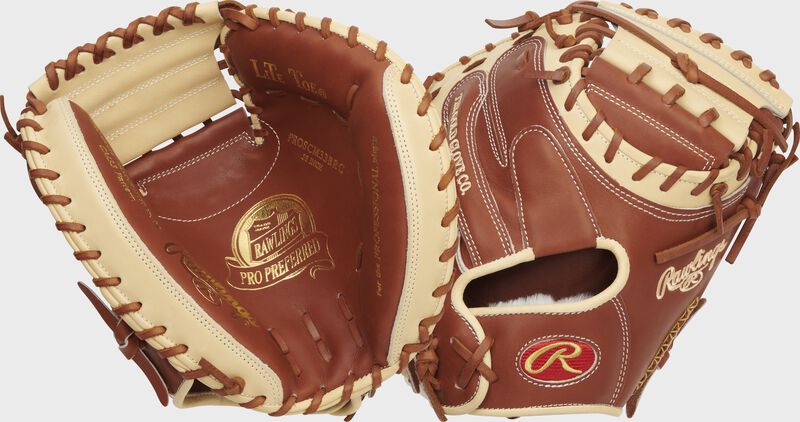 Two images showing the palm & back of a bruciato/camel Pro Preferred 33" catcher's mitt