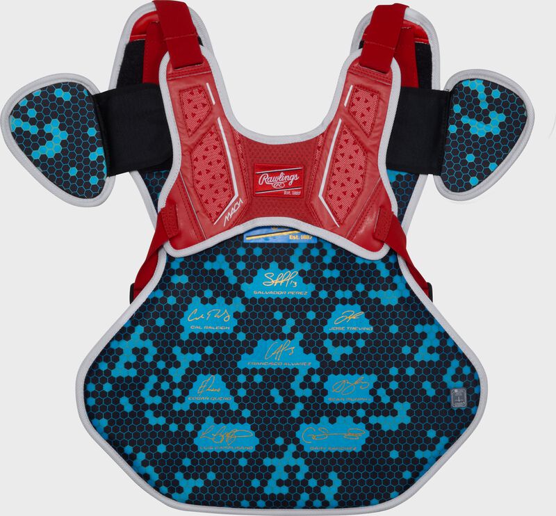 Back of a scarlet Rawlings Mach Pro Series chest protector