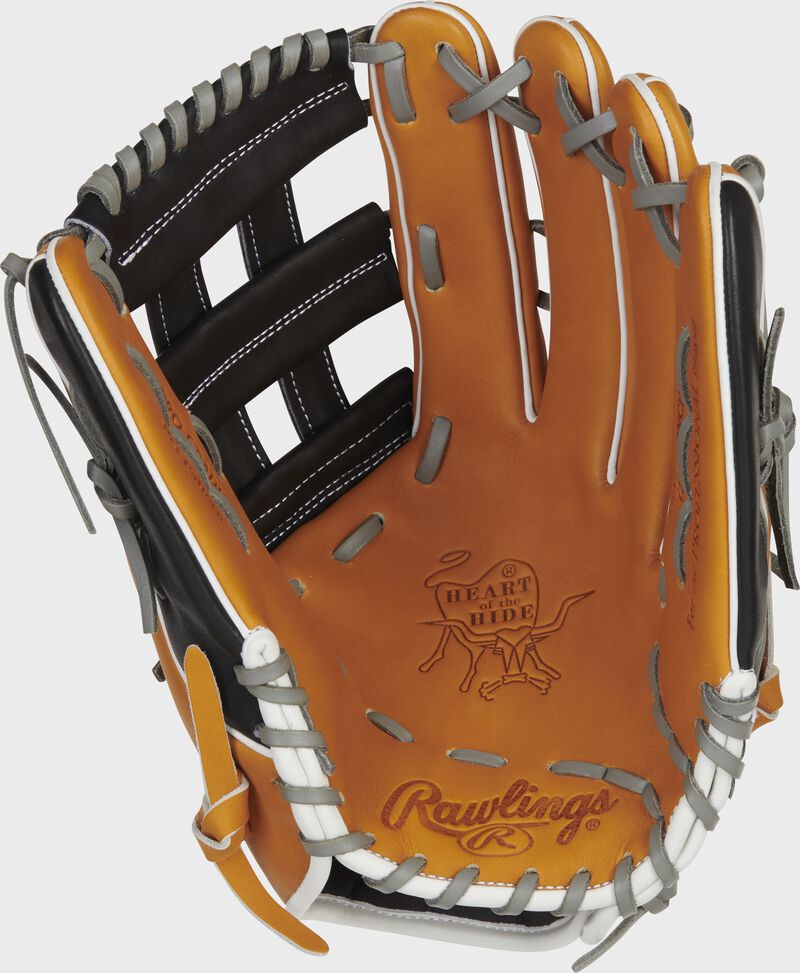 Tan palm of a Rawlings Heart of the Hide outfield glove with gray laces - SKU: PRO3039-6TB