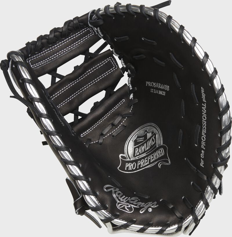 Black palm of a Rawlings Pro Preferred first base mitt with black laces and silver stamping - SKU: PROSAR44BB