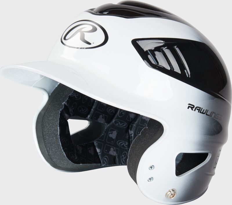Front left side of a black/white Coolflo batting helmet - SKU: RCFH loading=