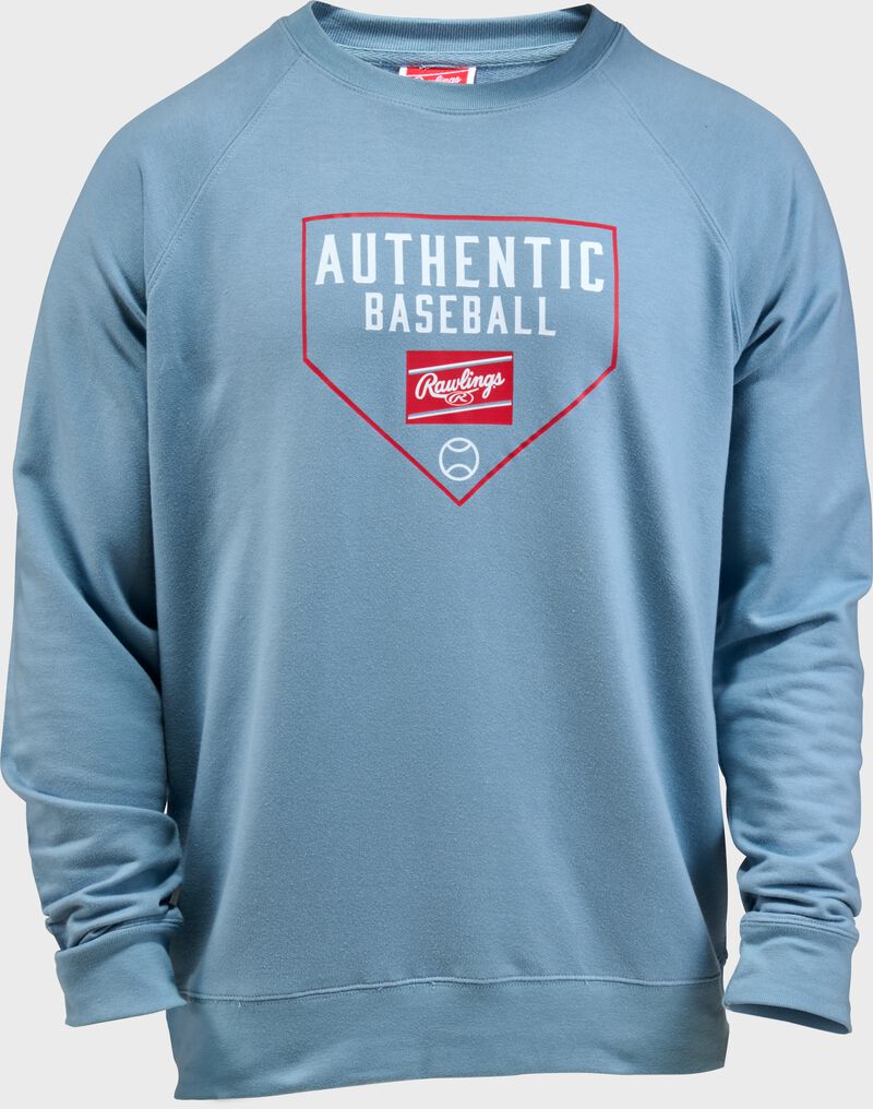 Front of a light blue Rawlings Authentic Baseball crew neck sweatshirt