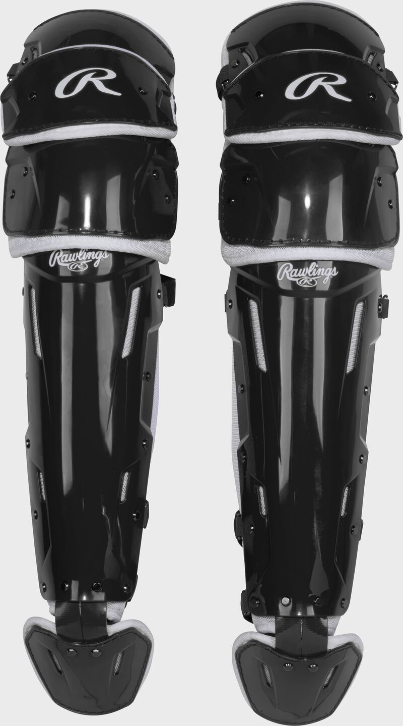 Front of a set of black Rawlings Mach Pro Series leg guards