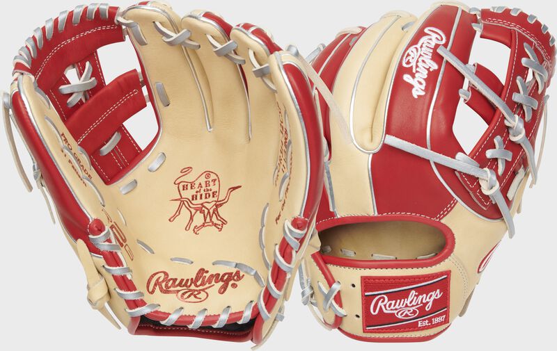 2 views showing the back & palm of a camel/scarlet exclusive Heart of the Hide R2G 11.5" infield glove - SKU: RSGRPROR314-32CSP