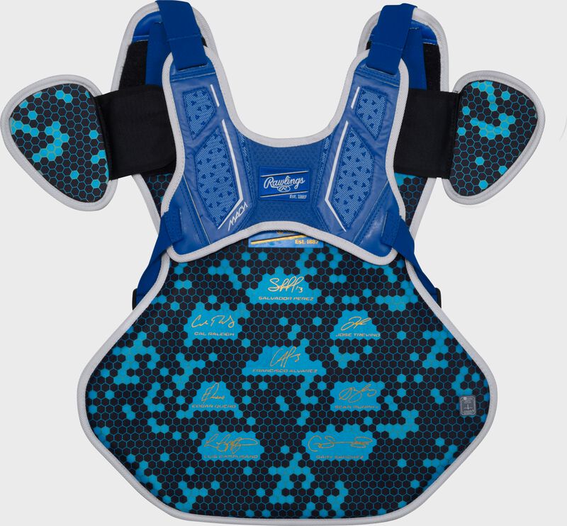 Back of a royal Rawlings Mach Pro Series chest protector