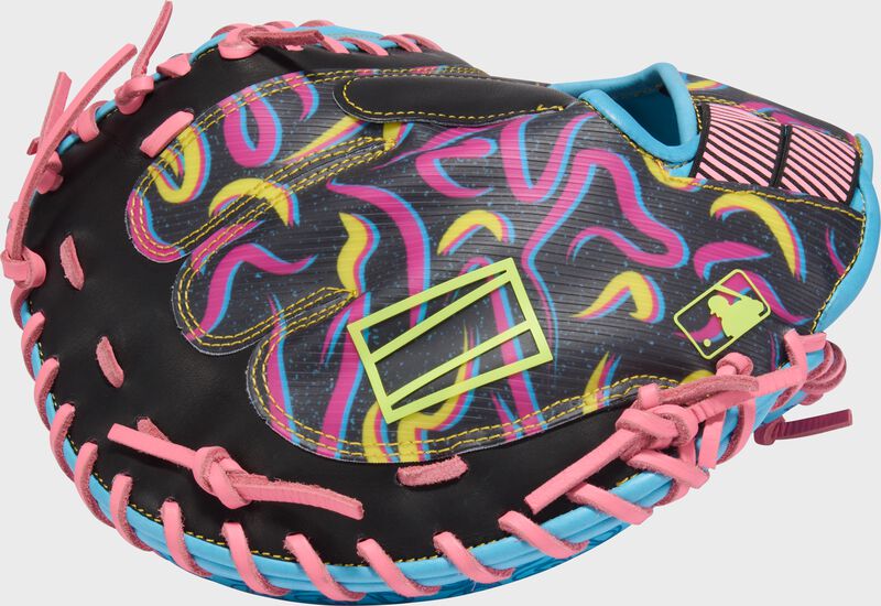 Back of a black/Columbia blue Rawlings REV1X 34-Inch Catcher's Mitt