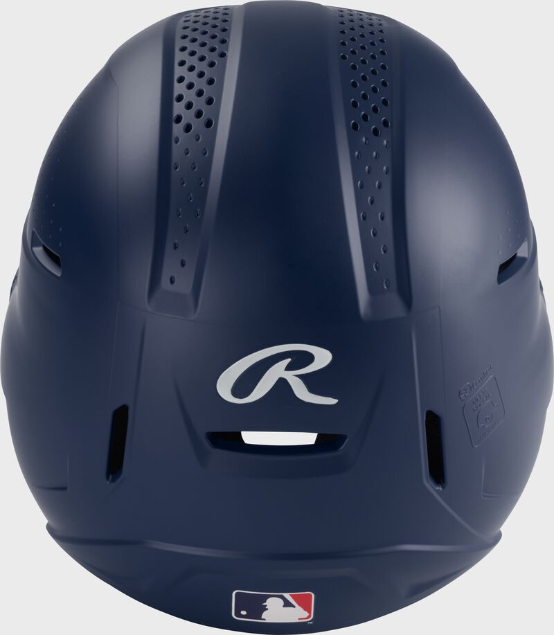 Back of a navy Rawlings RX2 batting helmet