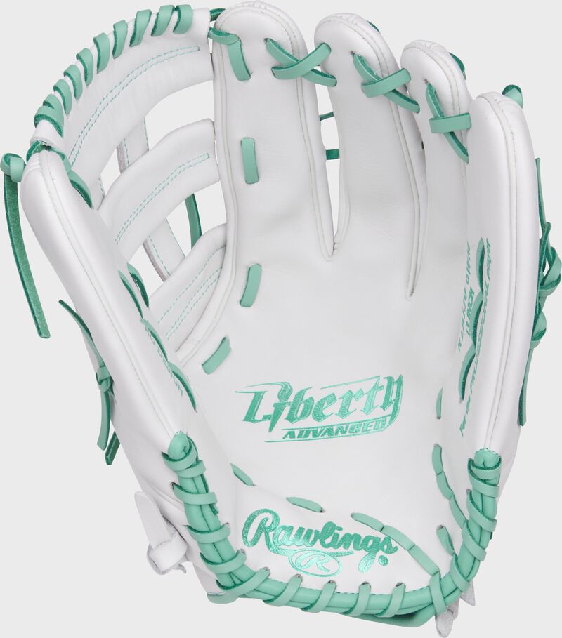 White palm of a Rawlings Liberty Advacned fastpitch glove with mint stamping and mint laces