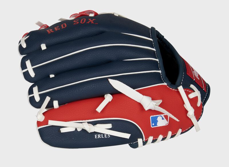 Back of a navy/red Boston Red Sox 10-inch youth glove with the MLB logo on the pinky - SKU: 22000024111 loading=