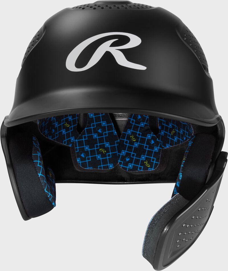Front of a black Rawlings RX2 Reverse batting helmet