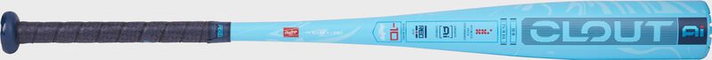 Side image of a blue Clout AI USA Baseball bat with the Clout AI logo on the barrel