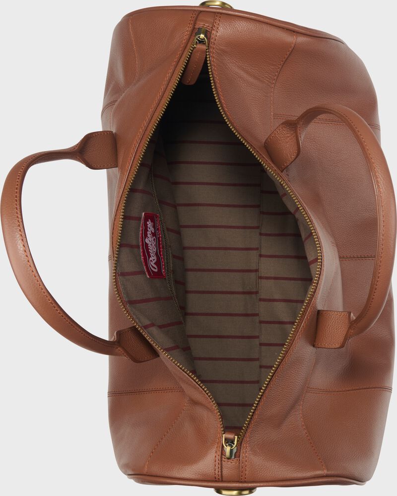 Inside view of a tan Rawlings Strike Out duffle bag