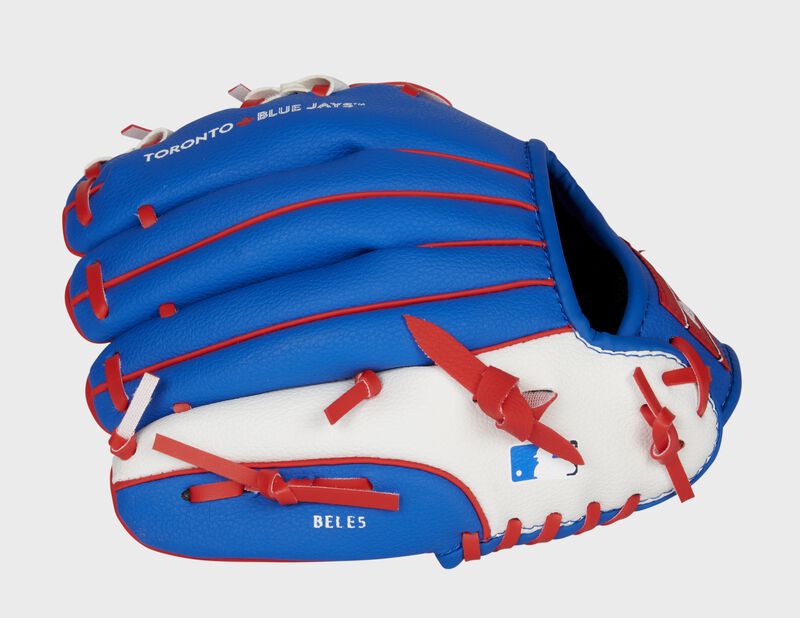 Back of a blue/white Toronto Blue Jays glove with the MLB logo on the pinky - SKU: 22000004111 loading=