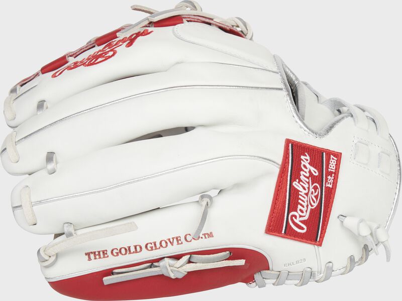 Back of a white Liberty Advanced Color Series 12.5-Inch fastpitch glove with a red Rawlings patch - SKU: RLA125-18WSP loading=