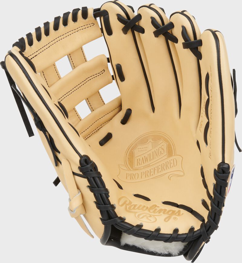 Camel palm of a Rawlings Manny Machado Pro Preferred Gameday 57 glove with black laces - SKU: PROSNP6-MM13 loading=