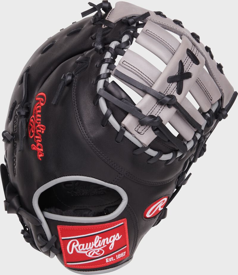 Black back of a Foundation Series Aaron Judge 1st base mitt with a red Rawlings patch - SKU: RSGRFDCT8-10B loading=