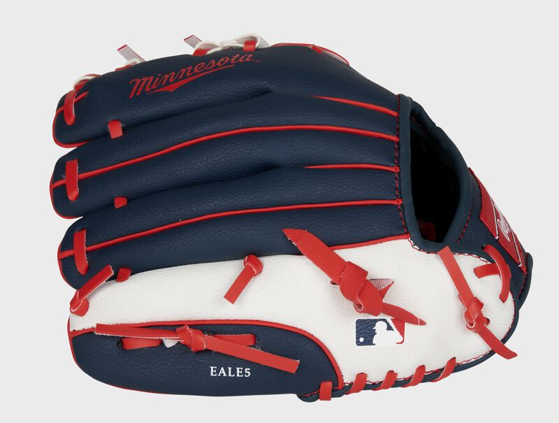 Back of a navy, white & red Minnesota Twins 10-inch youth glove with the MLB logo on the pinky - SKU: 22000028111 loading=