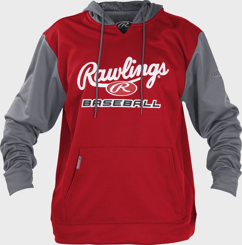Front of Rawlings Scarlet/Gray Adult long Sleeve Hoodie - SKU #PFHPRBB-S/GR loading=