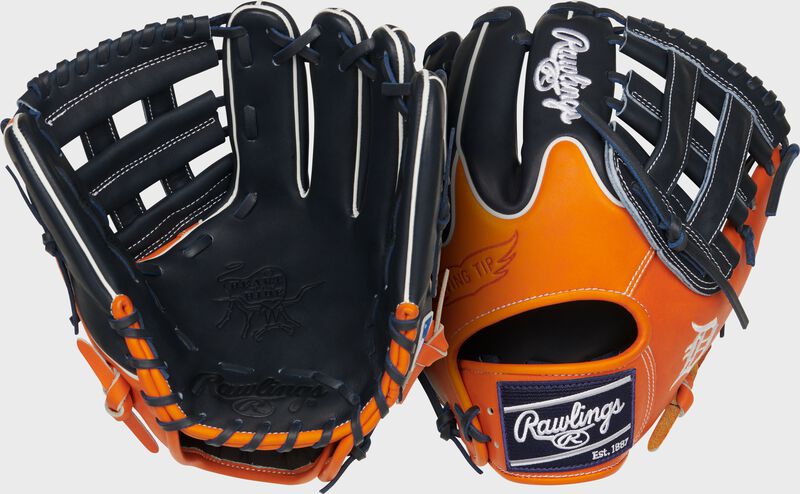 Two images showing the palm & back of a navy/orange Detroit Tigers Heart of the Hide glove