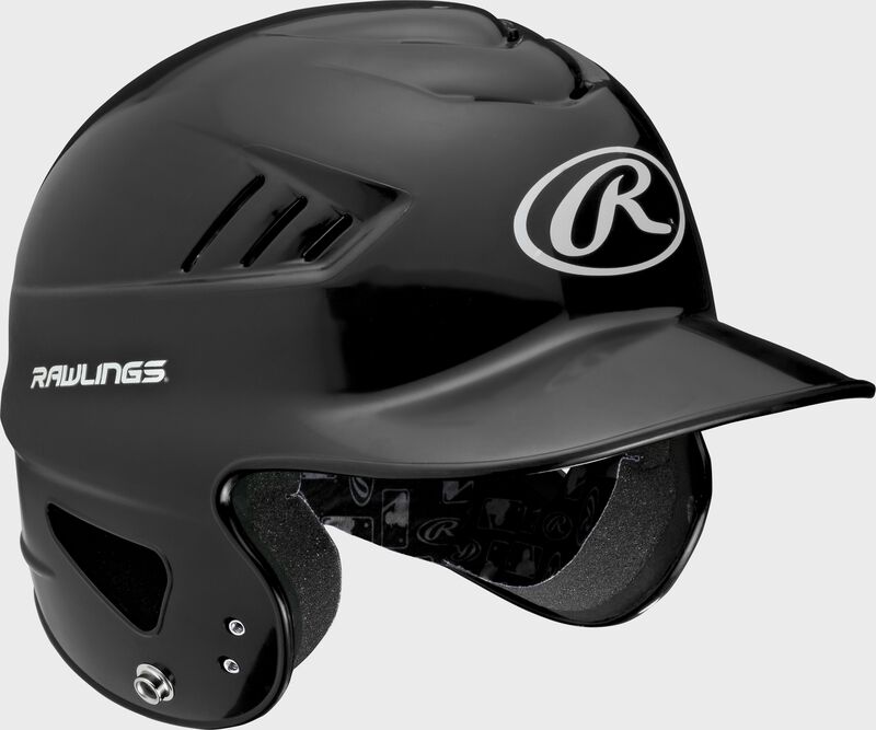 Right anlge of a black RCFTB Rawlings t-ball helmet with Coolflo vents
