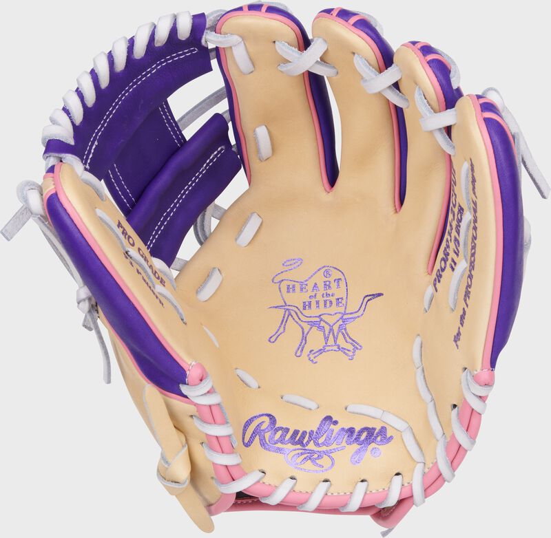 Camel palm of a Heart of the Hide Vibrant Series camel/purple 11.5" infield glove