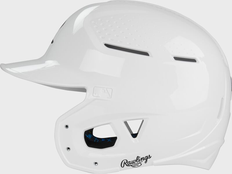 Left side of a white Rawlings RX2 gloss baseball batting helmet