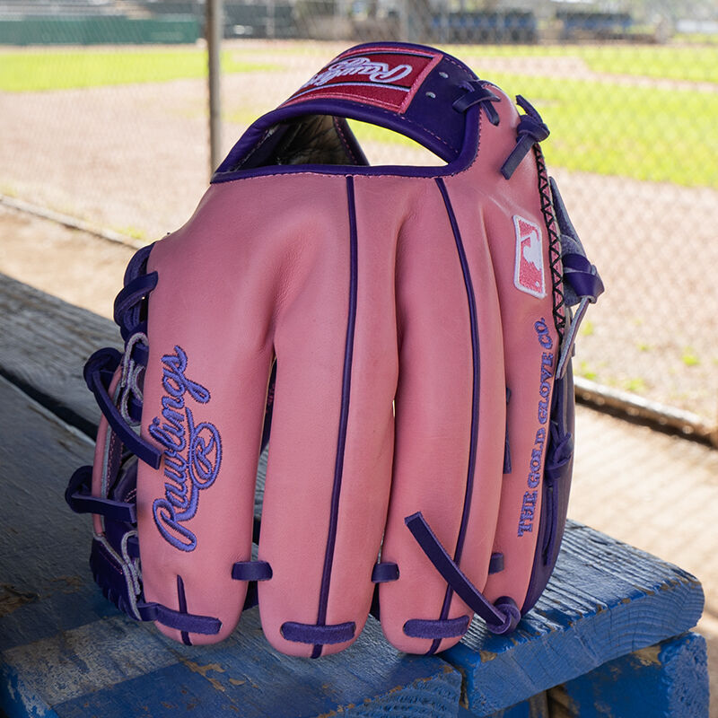 Picture of a Rawlings exclusive 11.5" R2G Heart of the Hide pink/purple infield glove standing on its fingertips