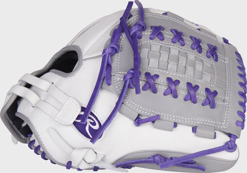 Thumb of a white/purple 2022 Liberty Advanced Color Series 12.5-Inch fastpitch glove with a gray x-laced basket web - SKU: RLA125-18WPG loading=