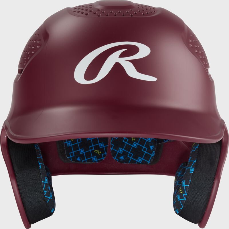 Front of a maroon Rawlings RX2 batting helmet