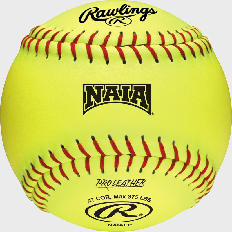 A yellow NAIAFP official NAIA 12-inch softball with red stitching loading=
