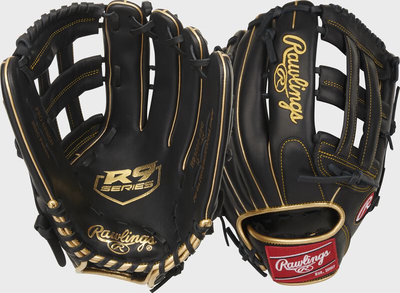 Two images showing the palm & back of a black R9 Series 12.75" outfield glove